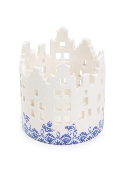 Heinen Delfts Blauw Huisjes waxinelichthouder 10,5 cm