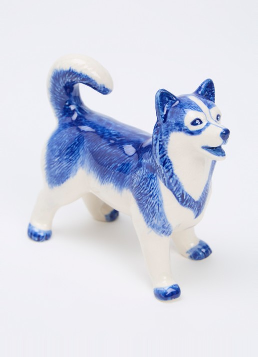 Heinen Delfts Blauw Husky ornament 11 cm - voorkant 2 blauw