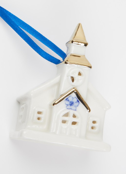 Heinen Delfts Blauw Kerk kersthanger 8 cm - detail 2 gebroken wit