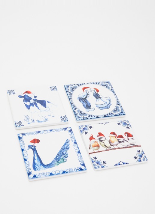 Heinen Delfts Blauw Kerst onderzetter set van 4 - detail 2 gebroken wit