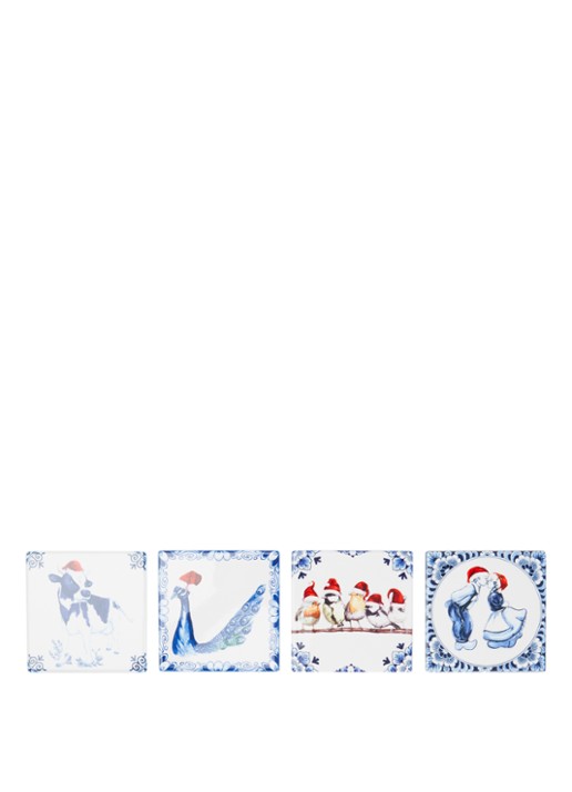 Heinen Delfts Blauw Kerst onderzetter set van 4