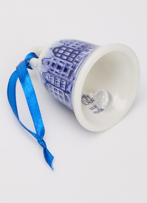 Heinen Delfts Blauw Kerstbel Grachtenpandjes kersthanger 7 cm - detail 2 gebroken wit