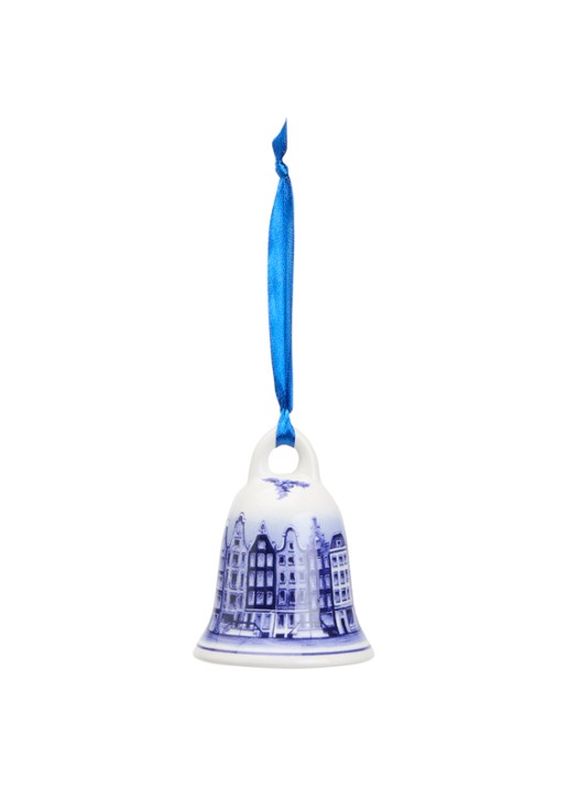 Heinen Delfts Blauw Kerstbel Grachtenpandjes kersthanger 7 cm
