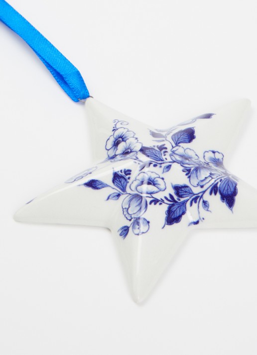 Heinen Delfts Blauw Kerstster kersthanger 8 cm - detail gebroken wit