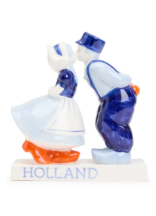 Heinen Delfts Blauw Kussend paar decoratie 18 cm  - voorkant blauw