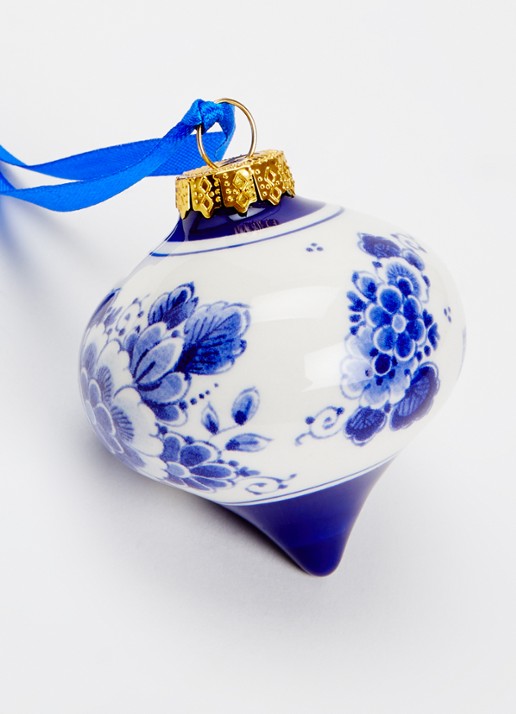 Heinen Delfts Blauw Landschap kerstbal druppel 7 cm - detail gebroken wit