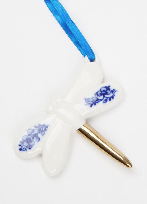 Heinen Delfts Blauw Libelle kersthanger 8 cm - detail gebroken wit