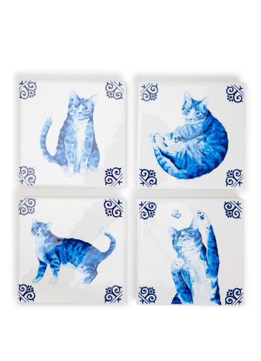 Heinen Delfts Blauw Lieve kat onderzetter set van 4