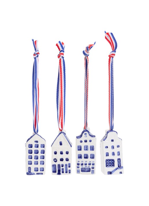 Heinen Delfts Blauw Mini grachtenhuisjes kersthanger 5,5 cm set van 4 - voorkant blauw