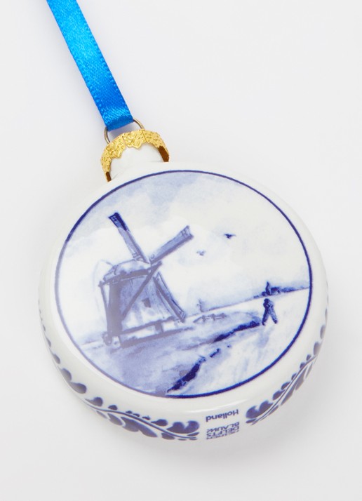 Heinen Delfts Blauw Molen kerstbal plat 6 cm - detail 2 gebroken wit