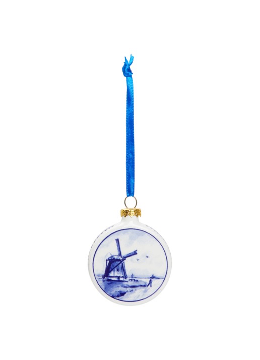 Heinen Delfts Blauw Molen kerstbal plat 6 cm