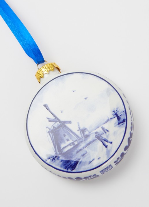 Heinen Delfts Blauw Molen kerstbal plat 8 cm - detail 2 gebroken wit