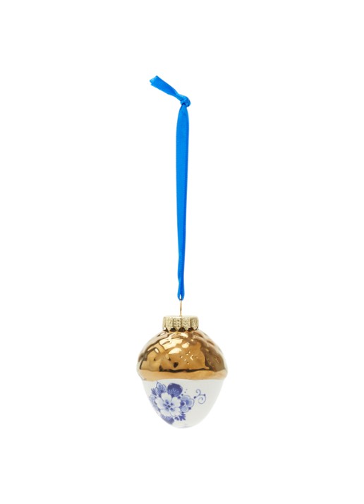 Heinen Delfts Blauw Noot Met Gouden Dopje kersthanger 5,5 cm