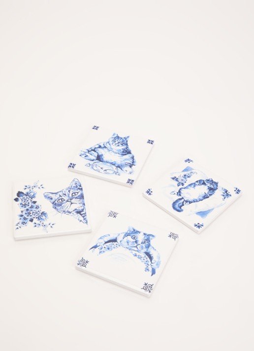 Heinen Delfts Blauw Onderzetters van kurk set van 4 - voorkant 2 blauw