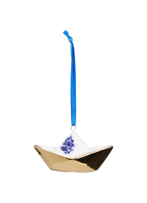 Heinen Delfts Blauw Origami Boot kersthanger 4 cm