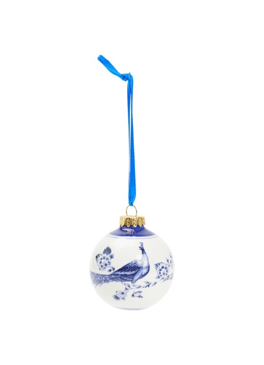 Heinen Delfts Blauw Pauw kerstbal 7 cm