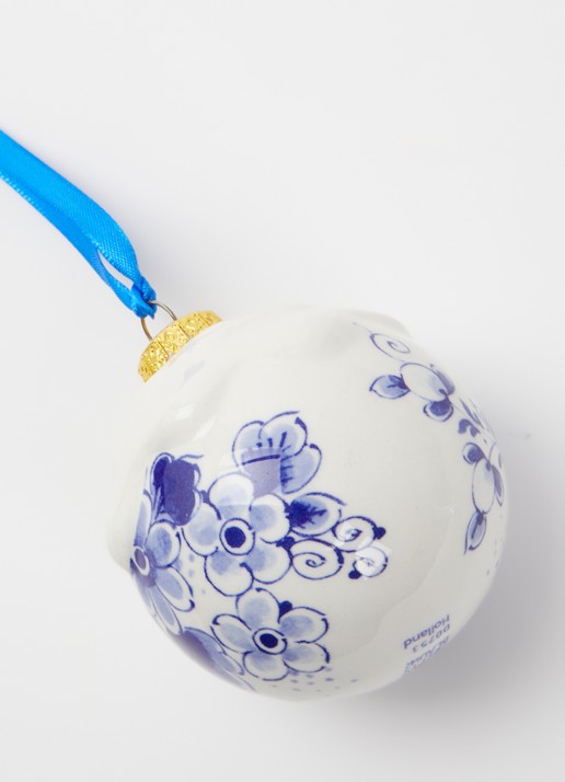 Heinen Delfts Blauw Sneeuw kerstbal 8 cm - detail gebroken wit