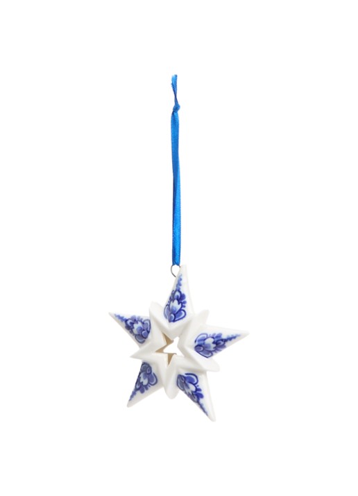 Heinen Delfts Blauw Ster 3 kersthanger 9 cm - voorkant gebroken wit