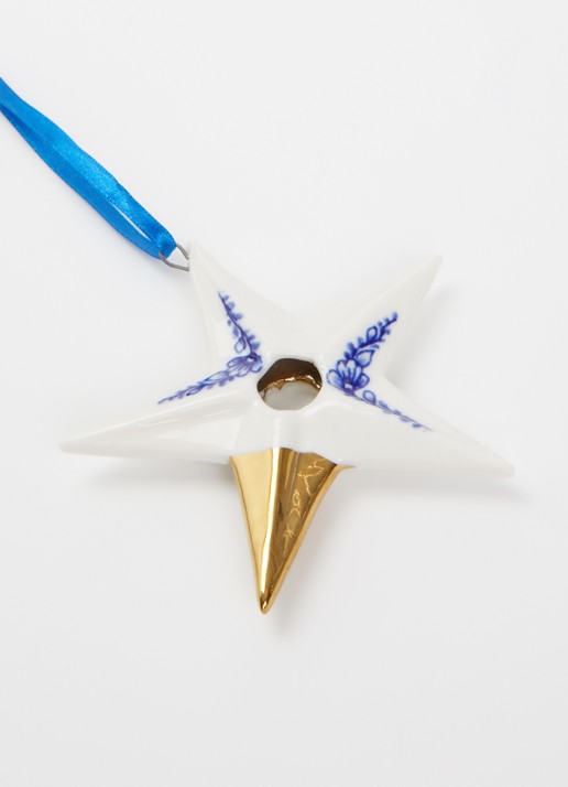 Heinen Delfts Blauw Ster kersthanger 8,5 cm - detail gebroken wit