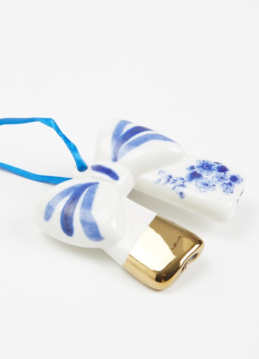 Heinen Delfts Blauw Strik Goud kersthanger 7,5 cm - detail 2 gebroken wit