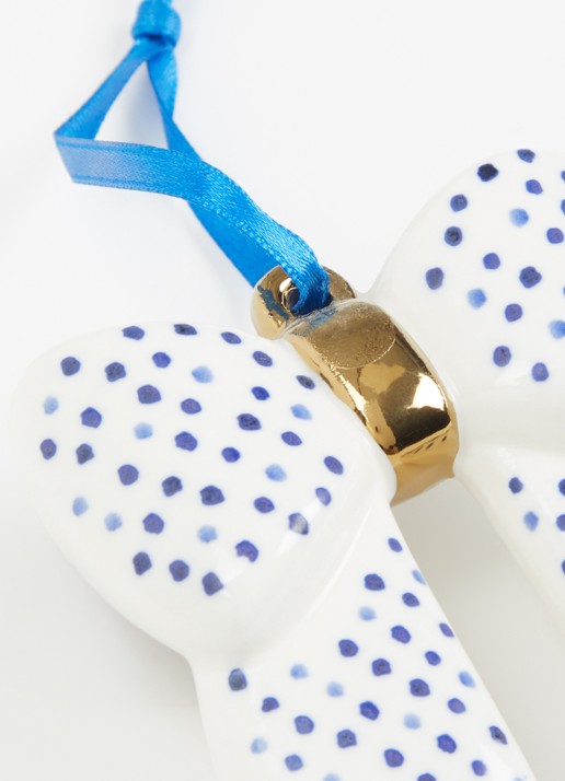 Heinen Delfts Blauw Strik Stippen kersthanger 7,5 cm - detail 2 gebroken wit