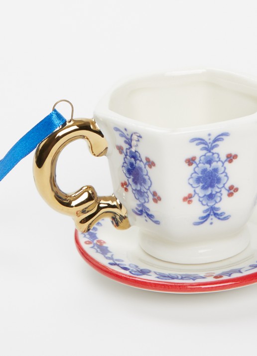 Heinen Delfts Blauw Theekopje kersthanger 9 cm - detail gebroken wit