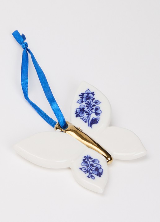 Heinen Delfts Blauw Vlinder kersthanger 6 cm - detail gebroken wit