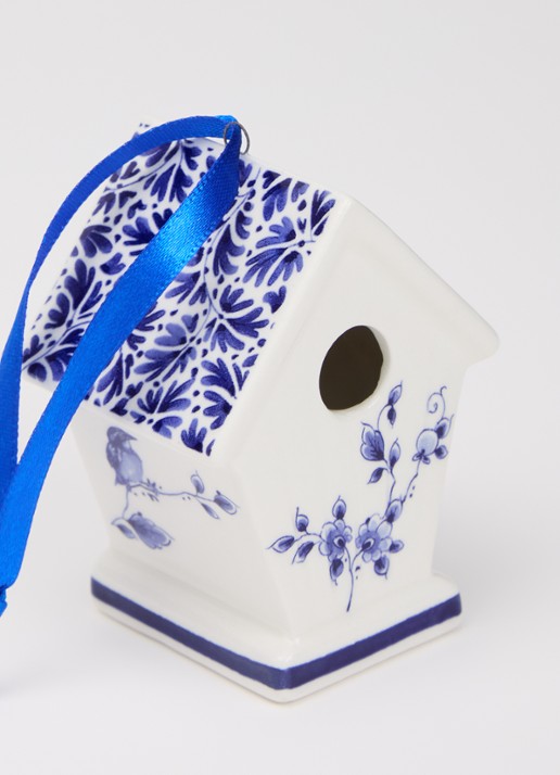 Heinen Delfts Blauw Vogelhuisje kersthanger 7,5 cm - detail gebroken wit