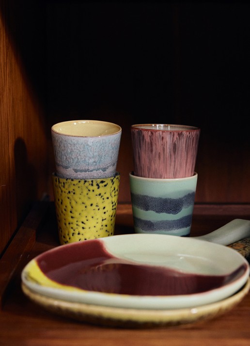HKliving 70s Ceramics mok set van 4 - achterkant blauw