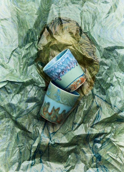 HKliving 70s Ceramics Van Gogh mok set van 2 - detail 4 blauw