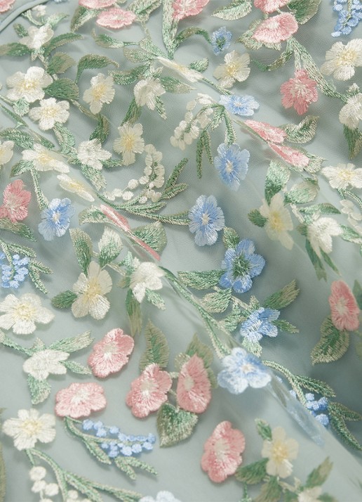 Hobbs Audra midi jurk met bloemborduring en pofmouw - detail 4 lichtgroen