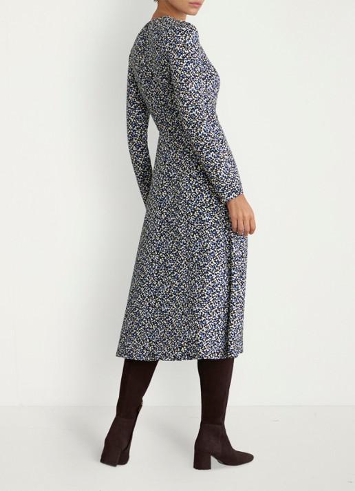 Hobbs Dakota midi jurk met grafisch patroon en strikceintuur - achterkant blauw