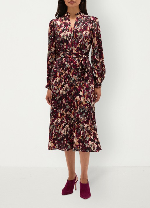 Hobbs Elin midi blousejurk met strikceintuur - voorkant 3 bordeauxrood