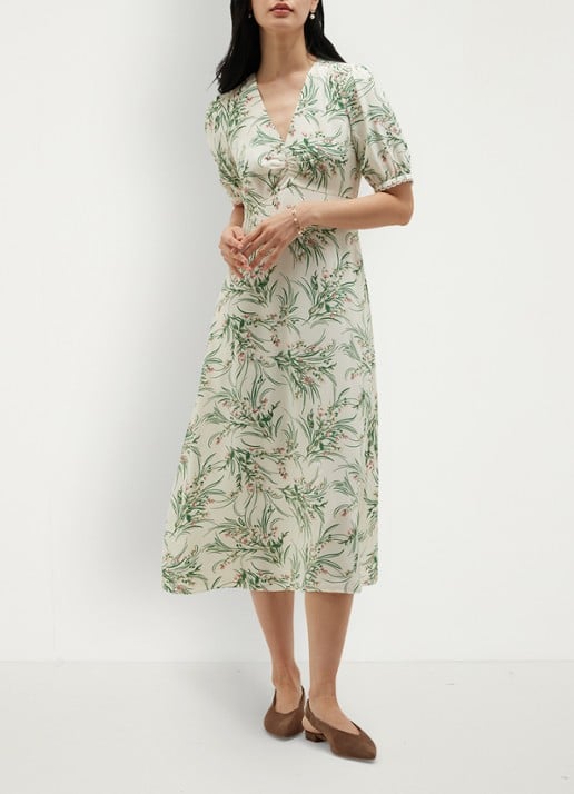 Hobbs Florentina midi jurk met bloemenprint - voorkant 6 lichtgroen