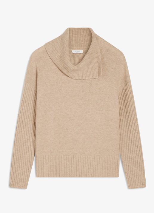 Hobbs Irene fijngebreide trui met watervalhals - voorkant 2 beige