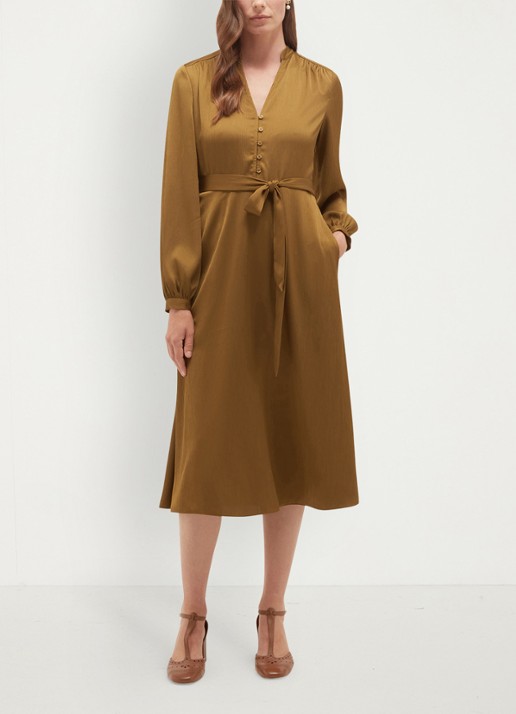 Hobbs Katia midi tuniekjurk met strikceintuur - voorkant 5 khaki