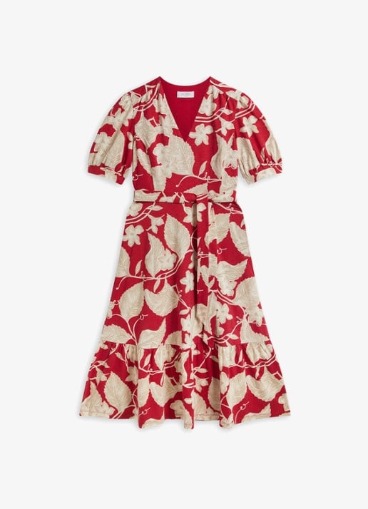 Hobbs Martha midi wikkeljurk met bloemenprint - voorkant rood