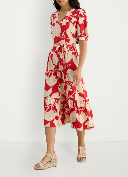Hobbs Martha midi wikkeljurk met bloemenprint - voorkant 2 rood
