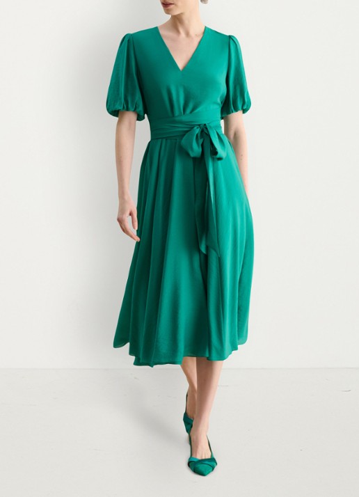 Hobbs Midi jurk met strikceintuur en V-hals - voorkant 6 donkergroen