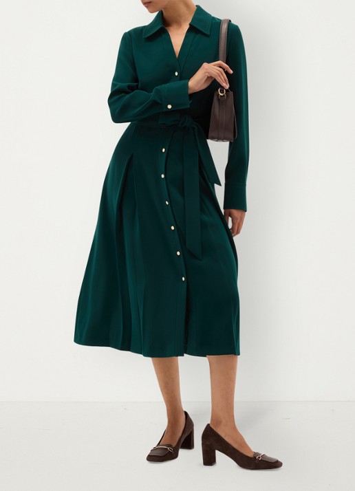 Hobbs Mylie midi blouse jurk met ceintuur - detail 3 donkergroen