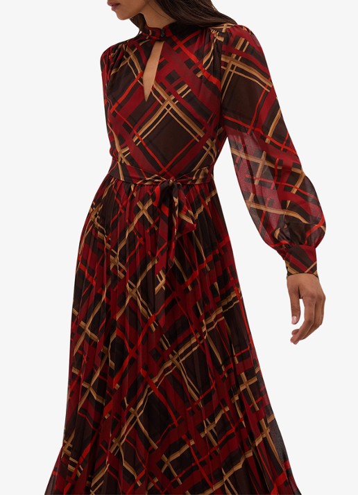 Hobbs Ophelia maxi blousejurk met ruitdessin en plooien - detail 5 bruin