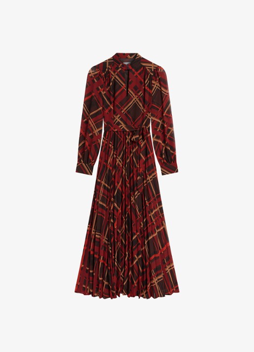 Hobbs Ophelia maxi blousejurk met ruitdessin en plooien - voorkant bruin