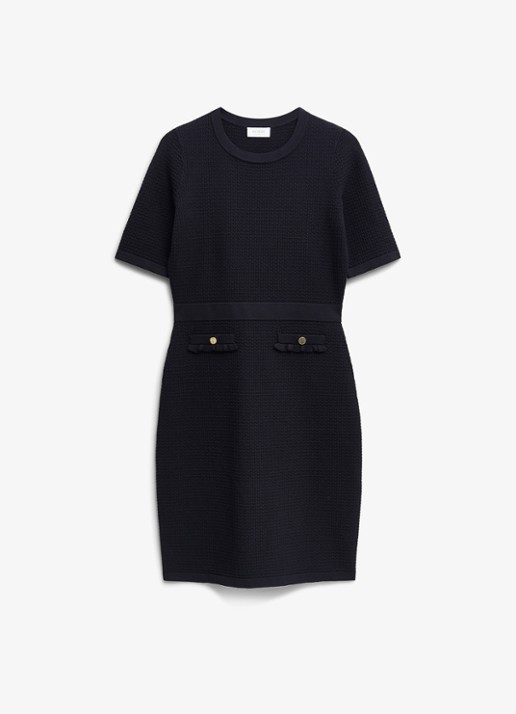 Hobbs Petra fijngebreide mini jurk met sierknopen - voorkant 2 donkerblauw