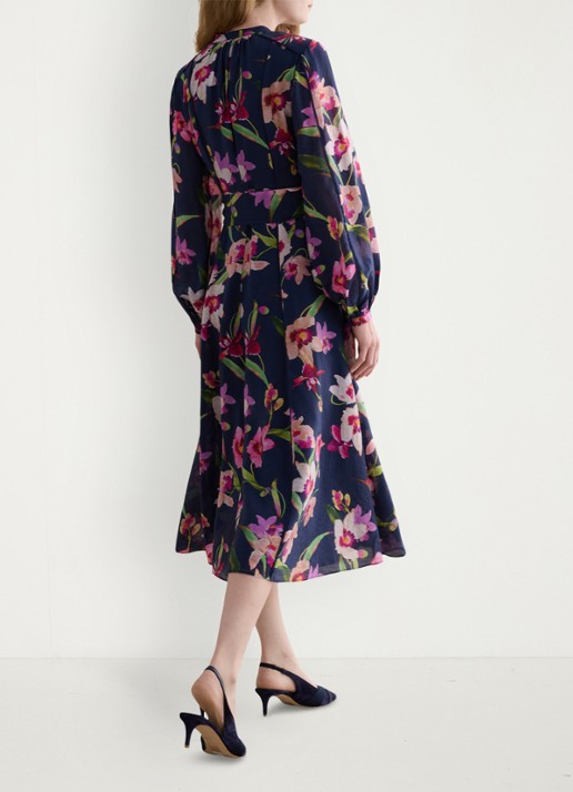 Hobbs Pippa blousejurk met strikceintuur en bloemenprint - achterkant 3 donkerblauw