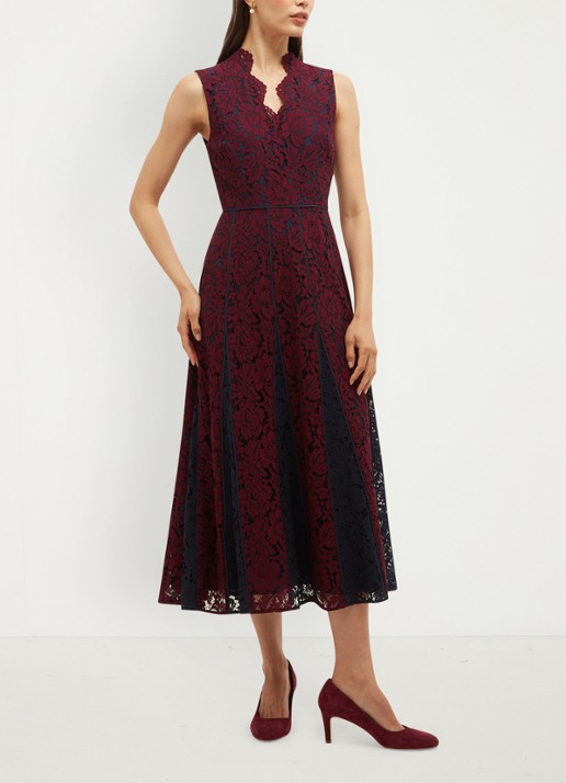Hobbs Quin midi jurk met details van kant - voorkant 4 donkerrood