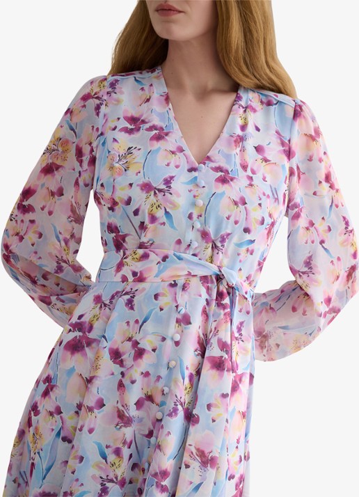 Hobbs Thea maxi blousejurk met bloemenprint en pofmouw - detail lichtblauw