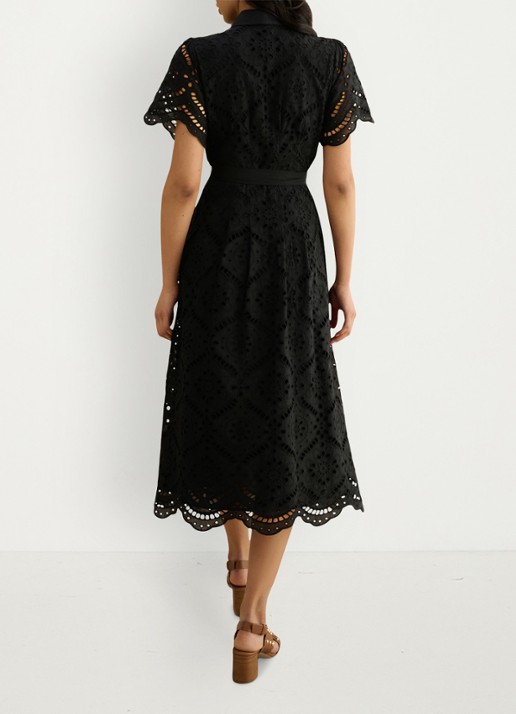 Hobbs Willa midi blousejurk met broderie en steekzakken - achterkant 5 zwart
