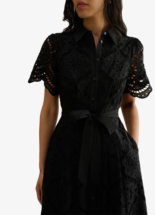 Hobbs Willa midi blousejurk met broderie en steekzakken - detail zwart
