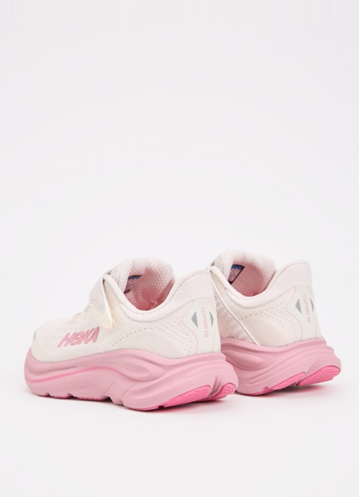 HOKA Clifton 10 hardloopschoen met gebreid bovenwerk en logo - achterkant roze