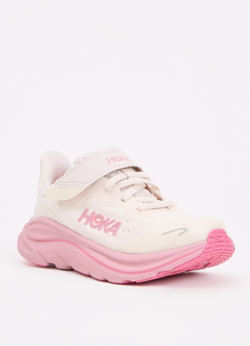 HOKA Clifton 10 hardloopschoen met gebreid bovenwerk en logo - voorkant 3 roze